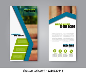 Narrow flyer and leaflet design. Set of two side brochure templates. Vertical banners. Blue and green color. Vector illustration mockup.