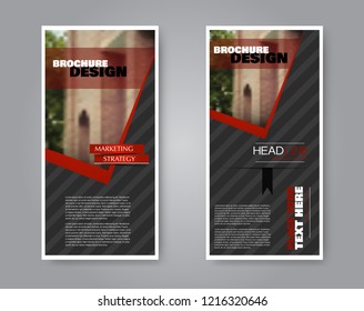 Narrow flyer and leaflet design. Set of two side brochure templates. Vertical banners. Red and black color. Vector illustration mockup.