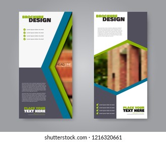 Narrow flyer and leaflet design. Set of two side brochure templates. Vertical banners. Blue and green color. Vector illustration mockup.