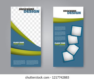 Narrow flyer and leaflet design. Set of two side brochure templates. Vertical banners. Blue and greene colors. Vector illustration mockup.