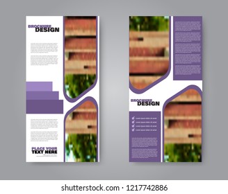Narrow flyer and leaflet design. Set of two side brochure templates. Vertical banners. Purple colors. Vector illustration mockup.