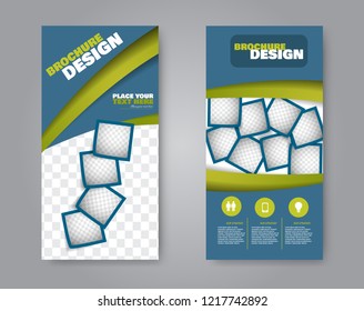 Narrow flyer and leaflet design. Set of two side brochure templates. Vertical banners. Blue and greene colors. Vector illustration mockup.