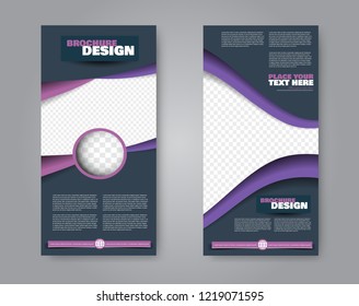 Narrow flyer and leaflet design. Set of two side brochure templates. Vertical banners. Pink and purple colors. Vector illustration mockup.