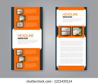 Narrow flyer and leaflet design. Set of two side brochure templates. Vertical banners. Blue and orange colors. Vector illustration mockup.