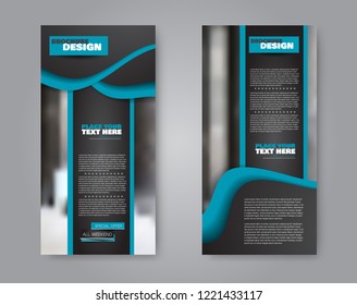 Narrow flyer and leaflet design. Set of two side brochure templates. Vertical banners. Black and blue colors. Vector illustration mockup.
