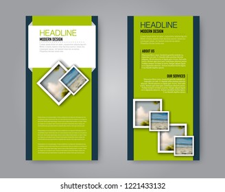 Narrow flyer and leaflet design. Set of two side brochure templates. Vertical banners. Blue and green colors. Vector illustration mockup.
