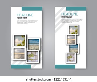 Narrow flyer and leaflet design. Set of two side brochure templates. Vertical banners. Blue colors. Vector illustration mockup.