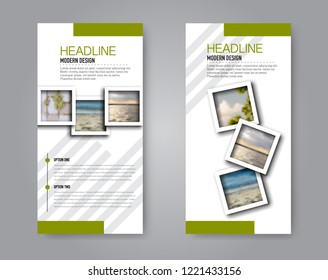 Narrow flyer and leaflet design. Set of two side brochure templates. Vertical banners. Green colors. Vector illustration mockup.