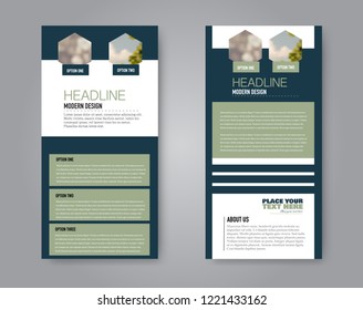 Narrow flyer and leaflet design. Set of two side brochure templates. Vertical banners. Blue and green colors. Vector illustration mockup.