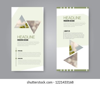 Narrow flyer and leaflet design. Set of two side brochure templates. Vertical banners. Green colors. Vector illustration mockup.