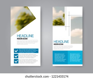 Narrow flyer and leaflet design. Set of two side brochure templates. Vertical banners. Blue colors. Vector illustration mockup.