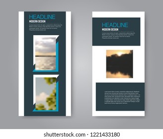 Narrow flyer and leaflet design. Set of two side brochure templates. Vertical banners. Blue colors. Vector illustration mockup.