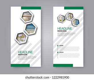 Narrow flyer and leaflet design. Set of two side brochure templates. Vertical banners. Green colors. Vector illustration mockup.