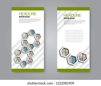 Narrow flyer and leaflet design. Set of two side brochure templates. Vertical banners. Green colors. Vector illustration mockup.