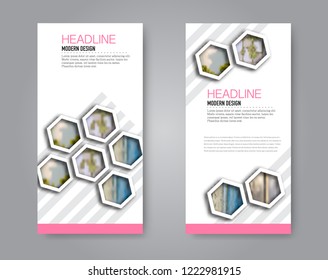 Narrow flyer and leaflet design. Set of two side brochure templates. Vertical banners. Pink colors. Vector illustration mockup.