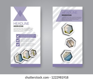Narrow flyer and leaflet design. Set of two side brochure templates. Vertical banners. Purple colors. Vector illustration mockup.