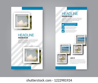 Narrow flyer and leaflet design. Set of two side brochure templates. Vertical banners. Blue colors. Vector illustration mockup.