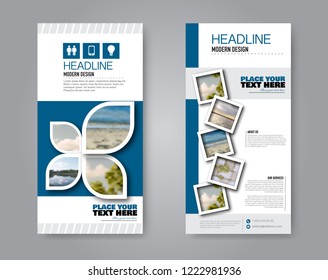 Narrow flyer and leaflet design. Set of two side brochure templates. Vertical banners. Blue colors. Vector illustration mockup.