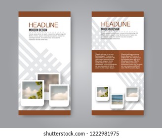 Narrow flyer and leaflet design. Set of two side brochure templates. Vertical banners. Brown colors. Vector illustration mockup.