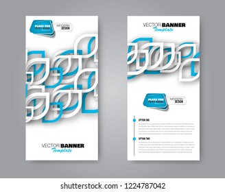 Narrow flyer and leaflet design. Set of two side brochure templates. Vertical banners. Blue colors. Vector illustration mockup.