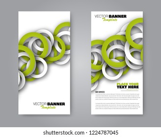 Narrow flyer and leaflet design. Set of two side brochure templates. Vertical banners. Green colors. Vector illustration mockup.