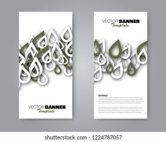 Narrow flyer and leaflet design. Set of two side brochure templates. Vertical banners. Green colors. Vector illustration mockup.