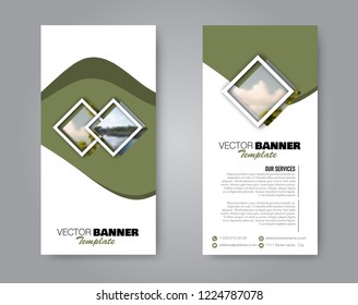 Narrow flyer and leaflet design. Set of two side brochure templates. Vertical banners. Green colors. Vector illustration mockup.