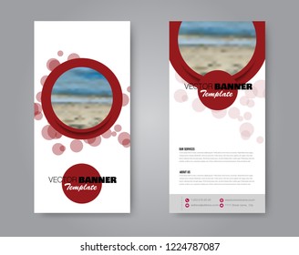 Narrow flyer and leaflet design. Set of two side brochure templates. Vertical banners. Red colors. Vector illustration mockup.
