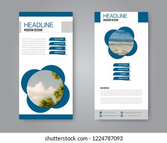 Narrow flyer and leaflet design. Set of two side brochure templates. Vertical banners. Blue colors. Vector illustration mockup.