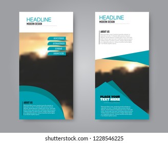 Narrow flyer and leaflet design. Set of two side brochure templates. Vertical banners. Blue colors. Vector illustration mockup.