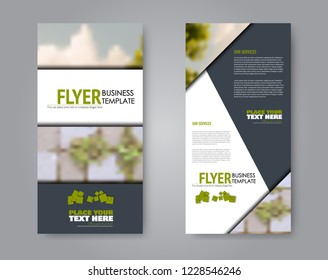 Narrow flyer and leaflet design. Set of two side brochure templates. Vertical banners. Green colors. Vector illustration mockup.