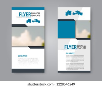 Narrow flyer and leaflet design. Set of two side brochure templates. Vertical banners. Blue colors. Vector illustration mockup.