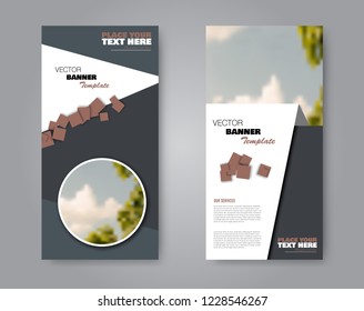 Narrow flyer and leaflet design. Set of two side brochure templates. Vertical banners. Brown colors. Vector illustration mockup.