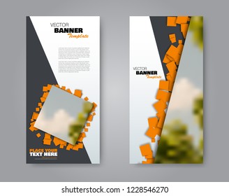 Narrow flyer and leaflet design. Set of two side brochure templates. Vertical banners. valentines day, 14 february style. Orange colors. Vector illustration mockup.