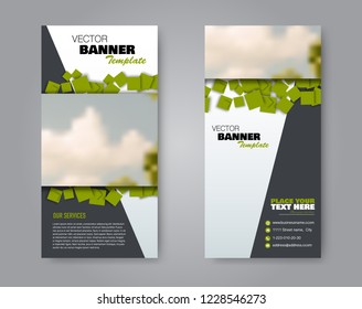 Narrow flyer and leaflet design. Set of two side brochure templates. Vertical banners. Green colors. Vector illustration mockup.