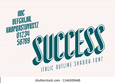 Narrow Font Called Success Italic Outline Shadow with Up Arrow Shape Hand Crafted Lettering Composition - Turquoise Caps and Numerals on Striped Texture Background - Vector Retro Typography Design