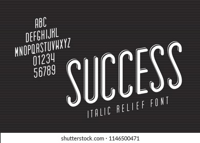 Narrow Font Called Success Italic Inverted Relief with Up Arrow Shape Hand Crafted Lettering Composition - White Caps and Numerals on Striped Texture Background - Vector Retro Typography Design