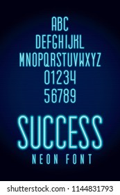 Narrow Font Called Success Neon with Up Arrow Shape Hand Crafted Lettering Composition - Blue Caps and Numerals on Striped Texture Background - Vector Neon Sign Style Typography Design