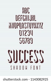 Narrow Font Called Success Shadow with Up Arrow Shape Hand Crafted Lettering Composition - Sepia Caps and Numerals on Striped Texture Background - Vector Retro Style Typography Design