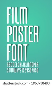 Narrow font, Condensed alphabet, white letters from A to Z and numbers from 0 to 9, for your designs logo, movie banner, cinema poster and more, vector illustration 10EPS