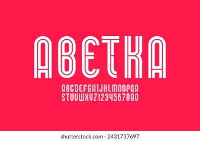 Narrow font, trendy modern alphabet, vector letters and numbers.