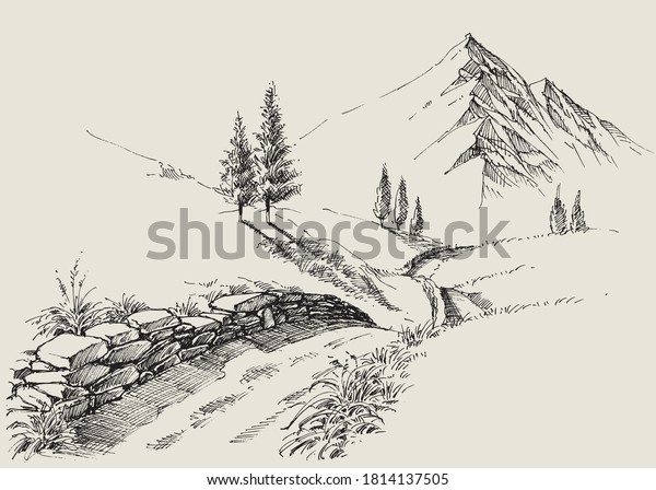 A narrow footpath in the mountains, alpine\
relaxing landscape hand\
drawing