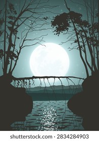 Narrow forest river with fallen pine tree. Huge moon and reflection
