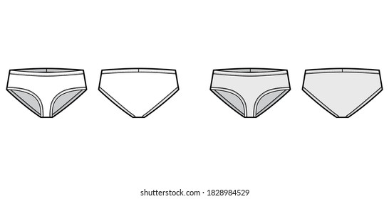 Schmale Front Brief Unterbekleidung technische Modegrafik mit elastischem Taillenband, athletisch-straff. Flache Baumstämme Dessous-Vorlage Vorderseite, schwarz-weiß graue Farbe. Women men Jockeys CAD-Modell 