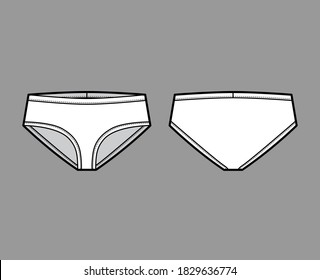 Ilustración técnica de la moda de la ropa interior de Brief estrecha frontal estrecha con cintura elástica, ajustable a la piel al estilo atlético. Plantilla de lencería de maletero plana de color blanco trasero delantero. Mujeres hombres unisex Jockeys CAD mockup 