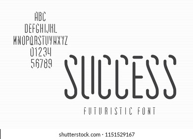 Narrow Futuristic Font Called Success with Up Arrow Shape Hand Crafted Lettering Composition - Black Caps and Numerals on Striped Texture Background - Vector Retro Style Typography Design