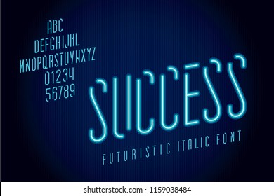 Narrow Futuristic Italic Font Called Success Neon with Up Arrow Shape Hand Crafted Lettering Composition - Blue Caps and Numerals on Striped Texture Background - Vector Neon Sign Typography Design