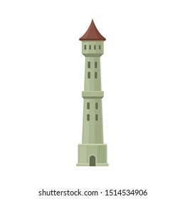 Narrow gray castle tower with windows. Vector illustration on a white background.