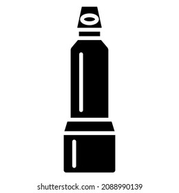 A narrow high thermos for drinks with a flap for convenient and safe use. The lid is on the bottom. Vector icon, glyph, isolated