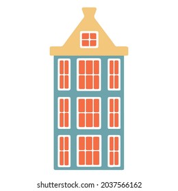 Narrow historic colorful house. Hand drawn vector illustration. Isolated element on a white background. Holland.